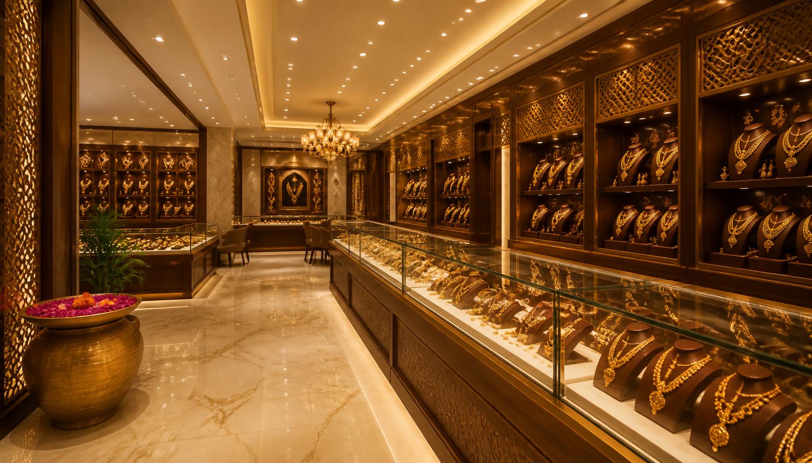 Gold jewellery displayed in the Guru Hasti showroom