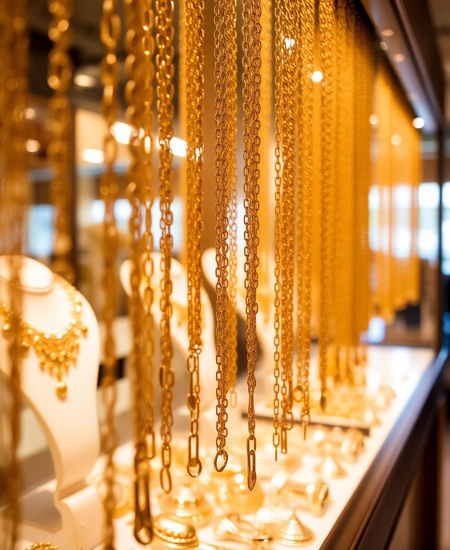 Gold chains hanging at the showroom counter